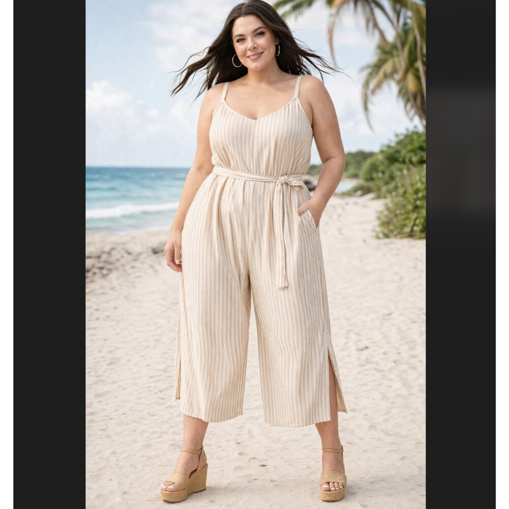 Torrid Stripe Jumpsuit 1X Cream Beige Cami Wide Leg Pockets Slit Tie Waist NWT